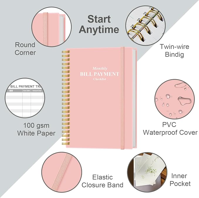 Monthly Bill Organizer - Monthly Bill Payment for Personal Budgeting Financial, Payments Checklist Organizer, 5.8" x 8.5", Pink