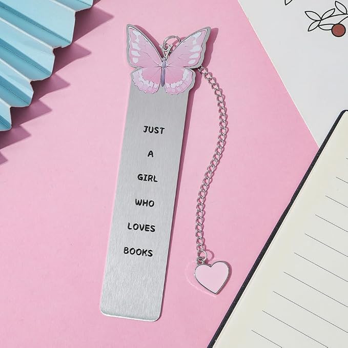 Pink Bowknot Stainless Steel Bookmark - 5pcs Set with Cute Patterns & Heart Pendants, Ideal for Female Readers