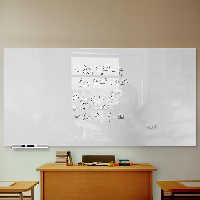 Fab Glass and Mirror Magnetic Glass Dry Erase Board for Wall, (48" x 96") Eased Corners, White Surface Frameless with Markers, Magnets, Eraser, Marker Tray