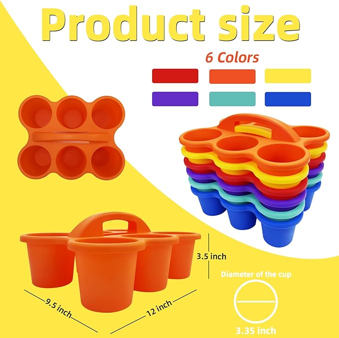 6 Pack Classroom Caddy Storage Basket, 6 Compartment 6 Cup Caddy - BPA-Free Plastic Stackable Drink Carrier for Kids, Office, Arts & Crafts Supplies (Assorted Colors)