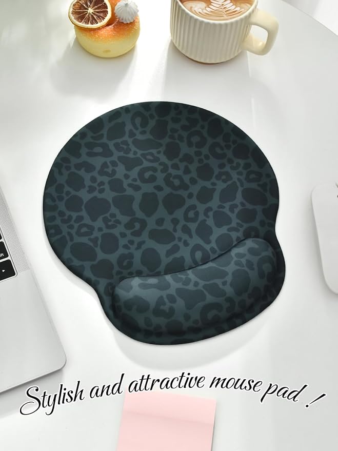 Leopard Mouse Pad Wrist Support Wrist Rest, Ergonomic Mouse Pad with Non-Slip Base for Office Gaming Working Computers,Desk Accessories Pain Relief Mouse Mat for Home&Game Decor, Black