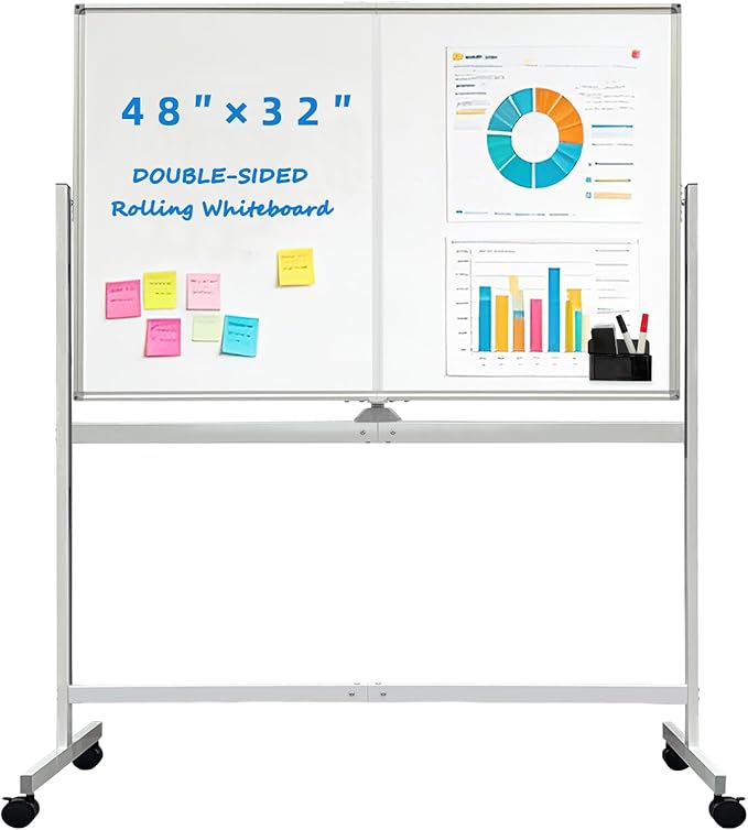 BIBOC Rolling Stand White Board 32×48 Inches, Double Sided Mobile Dry Erase Board with Aluminum Frame, 360 Rotating for Home Office Classroom