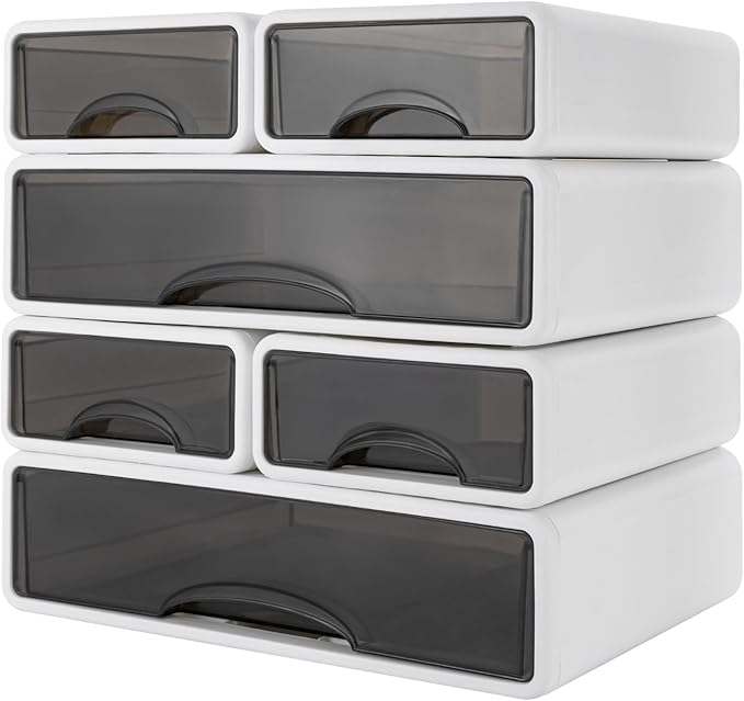 6 Pcs Desk Organizer Office Storage Box with 6 Drawers Plastic Drawers Organizer Stackable Storage Drawers for Office Supplies, Pencils, Markers, Tape, Erasers, Paperclips, White