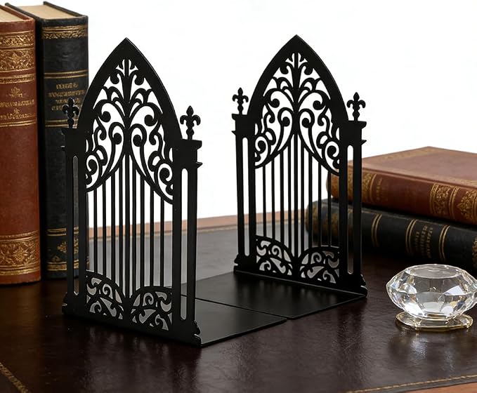 Book Ends, Bookends, Book Ends for Shelves, 2Pair Non Skid Metal Book Divider Decorative Holder, Abstract Art Desgin Book Stopper Supports for Office, Home (Gothic Gate B)