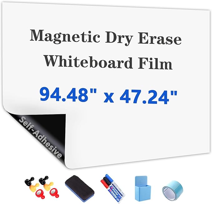 Self-Adhesive Dry Erase Whiteboard Sticker, 94.48" x 47.24" Magnetic Receptive White Board Wall Film, No Ghosting, Easy Write & Clean | Peel & Stick for Office, Home & Classroom,Incl. Accessories