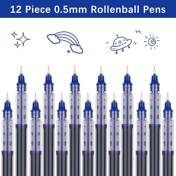 Blue Pens for School Back to School Stuff Rollerball Pens Blue Fine Point Smooth Writing Pen 12 PCS Thin Pen Fine Point for Writing Ink 0.5 Fine Tip