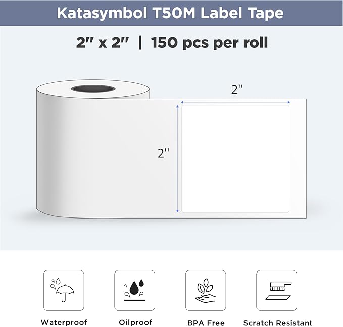 SUPVAN T50M Series Label Maker Tape, 1.96" × 1.96" (50mm × 50mm) 150 Labels/Roll Genuine Laminated Thermal Label Tape Refill, Waterproof Oilproof Highly Adhesive Auto Detect Labels, White