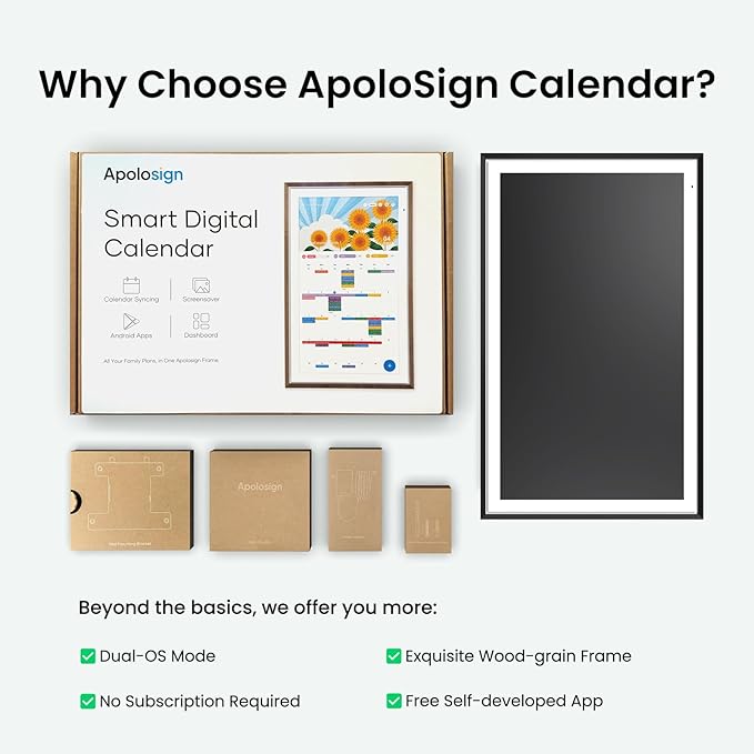 Apolosign 27-inch Digital Calendar : Dual Mode Smart Wall Planner, No Subscription, Install Apps, Sync Calendars, Electronic Touchscreen Interactive Display for Family Schedules, Chore Chart - with Stand (Black)