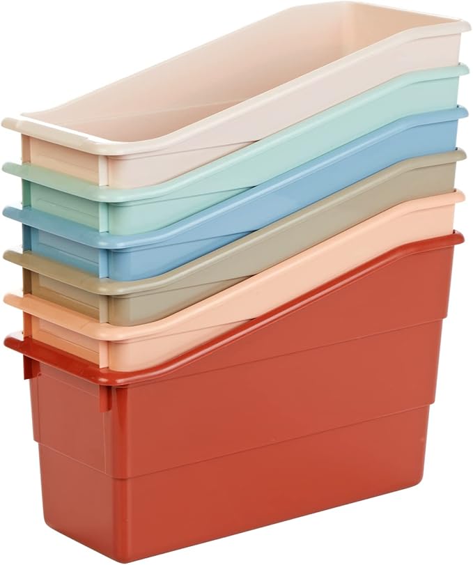 Really Good Stuff Durable Book and Binder Holders- Set of 6 Boho Colors - Plastic Storage Bins for Classroom and Office - File Folder Organizer, Magazine Holder, Book Display