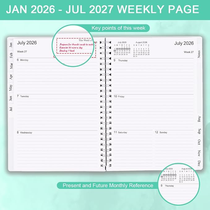 Cheericome Planner 2026-2027, Monthly Weekly Planner Runs January 2026 to June 2027, 26-27 Planners with PP Cover and Elastic Bond, 18 Month, Teal Monthly Planner Calendar