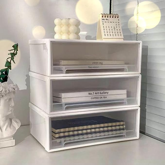 Set of 3 Stackable Storage Drawers, White Plastic Desk Storage Boxes for Dressing Table, Office Desk, TV Cabinet, Bathroom, Shoe Cabinet Storing Various Items