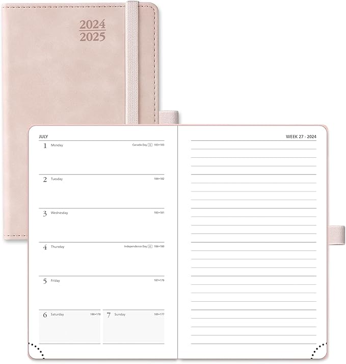 POPRUN Planner 2024-2025 Pocket Size (4'' x 6.25'') Mini Academic Calendar for Purse (July 2024 - June 2025) Weekly & Monthly Organizer for time Management, Leather Cover, Inner Pocket - Pink