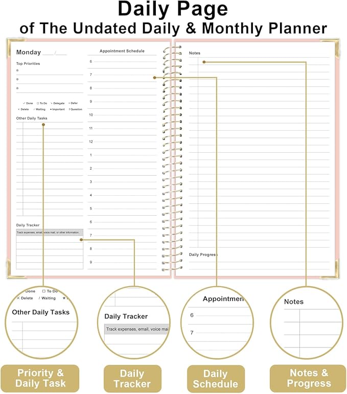 Undated Daily Monthly Planner for 2026 or Anytime - A5 To Do List with Hourly Schedule, Hardcover Spiral Bound Daily Planner to Increase Focus, Stylish School/Office Supplies, 5.8" x 8.5", Pink