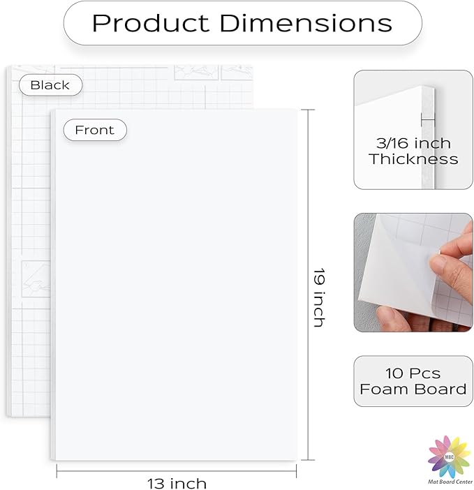 Mat Board Center, Pack of 10, 13x19 Self Adhesive Foam Board for Picture and Poster Mounting, Lightweight White Color Foam Board for Crafts, Artworks, 3/16 inches Thick