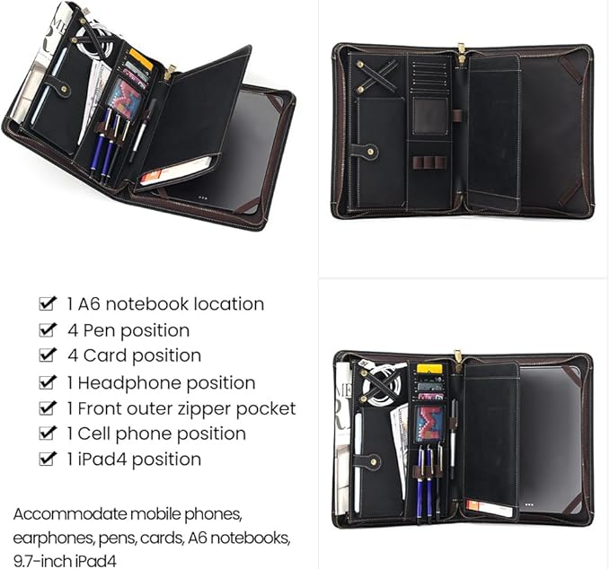 Leather Case for ipad Pro 11" Genuine Leather Smart Folio with Pencil Holder Zipper Pocket Multifunctional iPad case Compatible with iPad 11 /iPad 10.5/10.2 inch ipad/iPad 9.7 (Black)