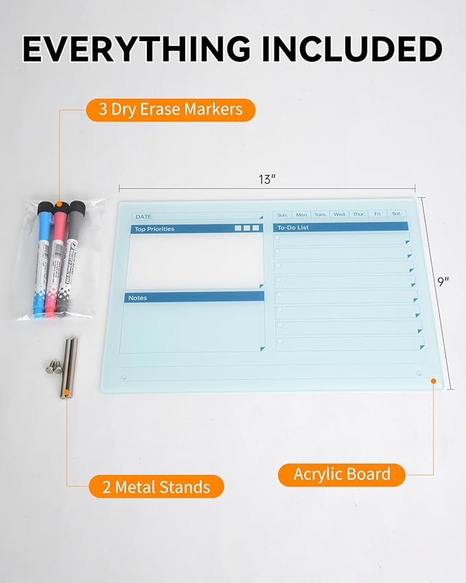Acrylic Dry Erase to-Do List Board with Top Priorities Notes, 9x13 Desktop Whiteboard Planner with Stand, Daily Task Organizer for Office/Home/School, Includes 3 Dry Erase Markers (Pink)
