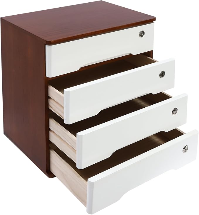 Wooden Desktop Storage Box with Lockable Drawers, Flat File Cabinet Drawer Desktop Storage Box, Countertop Storage Cabinet for Office Home Toiletries Supplies Vanity (walnut+white, 4 Drawer)