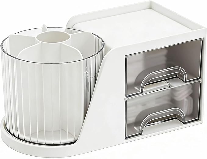 Desk Organizer with 2 Drawer,360 Degree Rotating Pen Holder for Desk,6 Slots Makeup Brush Holder for Office,School,Home,Art Supplies (White)