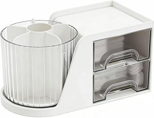 Desk Organizer with 2 Drawer,360 Degree Rotating Pen Holder for Desk,6 Slots Makeup Brush Holder for Office,School,Home,Art Supplies (White)