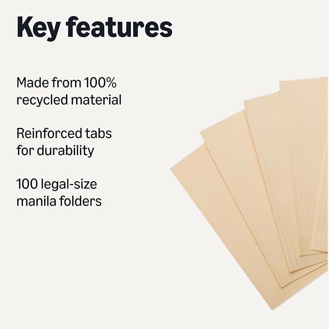 Amazon Basics 100% Recycled File Folder, 1/3-Cut Tab, Legal Size, Manila, Pack of 100