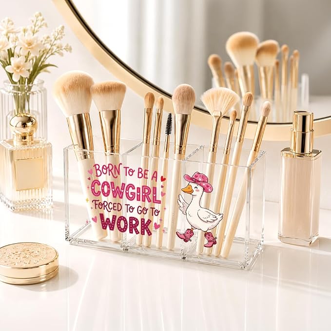 Pink Western Goose Acrylic Pen Holder for Desk, Born To Be A Cowgirl Forced To Go To Work Desk Organizer for Office Home, Back to School Gifts, Funny Sarcastic Office Gifts for Women Coworkers
