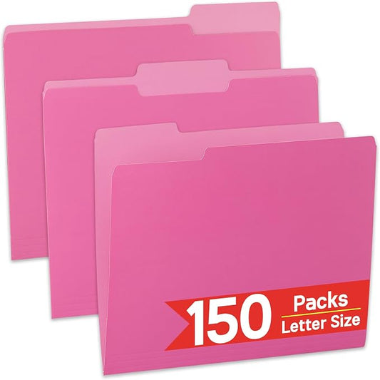 VZCPYTPM 150 Pack Pink File Folders,Letter Size (8.5x11 in),1/3-Cut Tabs in Assorted Positions,Cardstock Paper Folders for Office,School & Home Filing Cabinet Organization, Bulk Document Folders