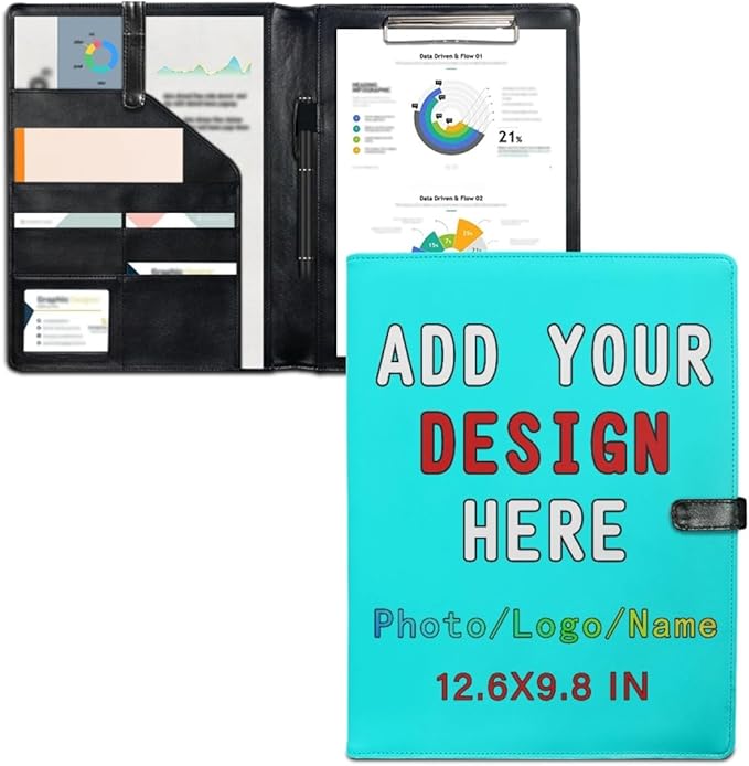 Professional Padfolio with Clipboard, Business Resume Portfolio Folder, Leather Notepad Portfolio Organizer with Logo Text Picture, Cyan