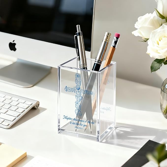 Mightier Than Waves Of The Sea Is His Love For You Pen Holder Makeup Organizer, Fun Seashells Christian Pencil Pen Holder for Desk, Bible Verse Pencil Cup, Religious Baptism Gifts for Women Men