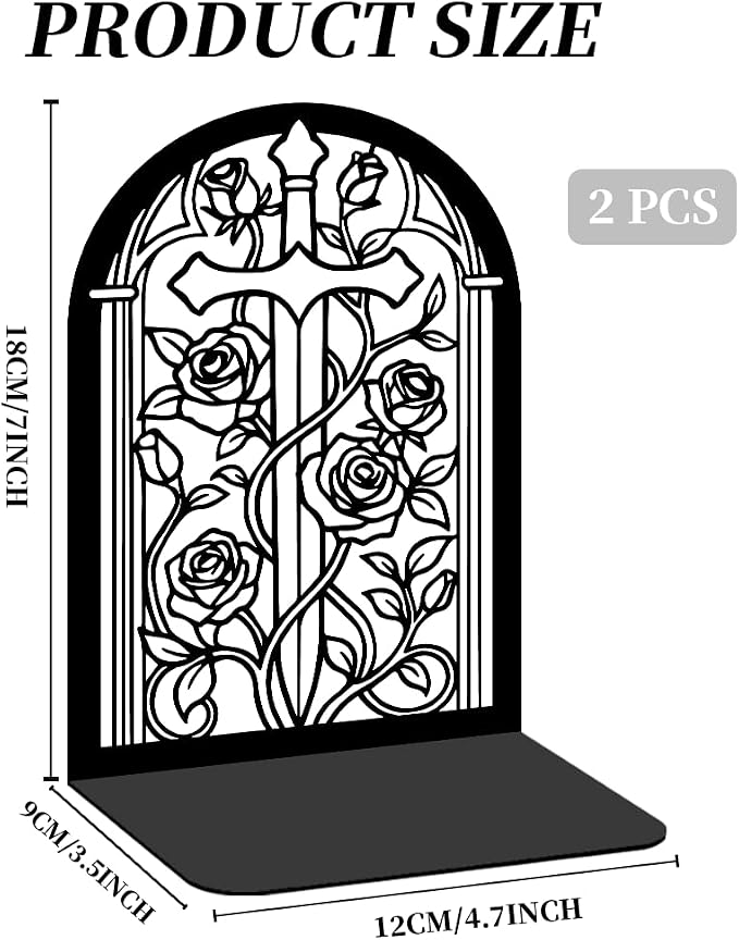Bookends for Shelves, 2 Pcs Rose Flower Sword Design Book Ends Metal Decorative Bookends for Home Office and Library, Black