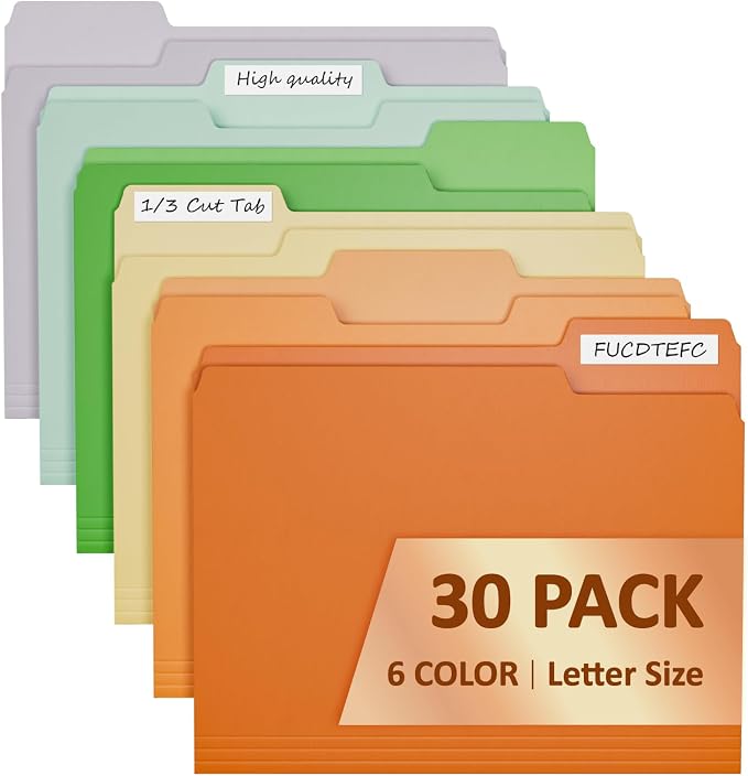 FUCDTEFC File Folders, 30 Pack Manilla Folders 8.5x11, 1/3-Cut Tab Letter Size Manila Folders, 6 Assorted Colors Heavy Duty Folders for Paper Documents Business Home School Classroom Office Supplies