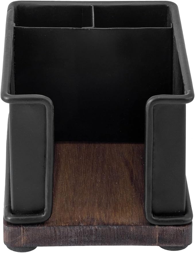 MyGift Modern Industrial Matte Black Metal Office Stationery Organizer with Sticky Note Holder, 2 Pen Storage Compartments and Rustic Burnt Solid Wood Base