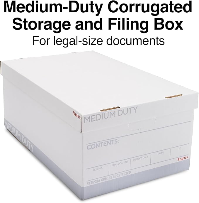 STAPLES Medium Duty File Box, Lift Off Lid, Legal, White/Gray, 12/Carton