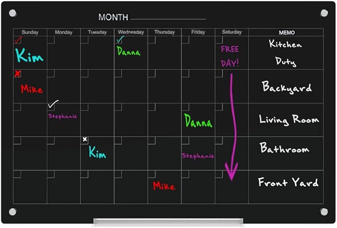 Audio-Visual Direct Magnetic Black Calendar Glass Dry-Erase Board Set - 4' x 3' - for Wall - Monthly Planner