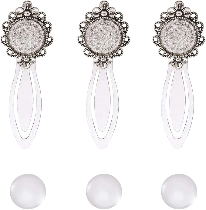 FASHEWELRY 20Pcs Antique Silver Bookmark Pendant Tray Kit Include 10Pcs 3/4 Inch Flower Round Blank Bezel Base Setting Charms with 10Pcs Clear Glass Dome Tiles Cabochons
