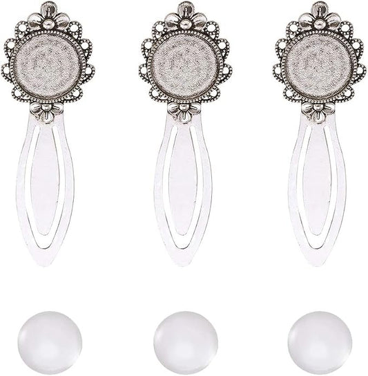 FASHEWELRY 20Pcs Antique Silver Bookmark Pendant Tray Kit Include 10Pcs 3/4 Inch Flower Round Blank Bezel Base Setting Charms with 10Pcs Clear Glass Dome Tiles Cabochons