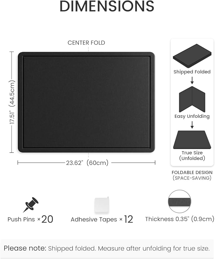 Fluxynara Bulletin Board, 23.6" x 17.5" Cork Board Alternative with 12 Safe Removable Adhesive Tabs, Foldable Felt Pin Board for Home Office, Classroom, Bedroom,Entryway for Walls—Black