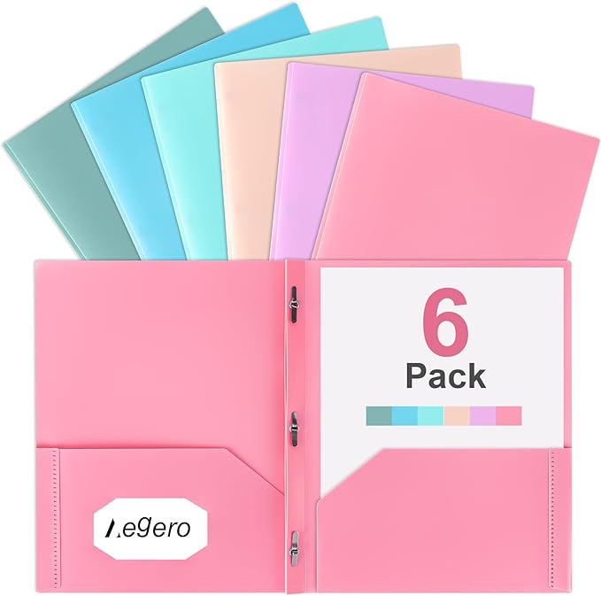 Aegero Folders with Pockets and Prong with Fasteners (6 Pack,Light Elegant Color),Durable Plastic Pocket Folders with Prongs,Tear Resistant,2 Pocket 3 Prong Folders for Schoolwork & Office,Letter Size