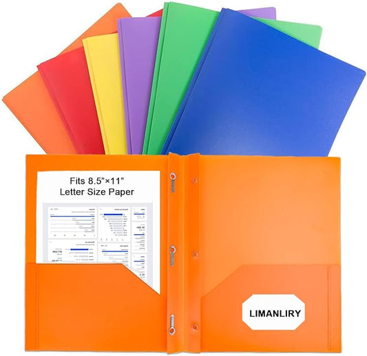 6 Pack Plastic Folders with Pockets and 3 Prongs,Colored Two Pockets folders for Docments,Assort Colors