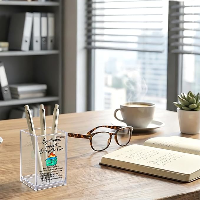 Emotional Support Dumpster Fire Acrylic Organizer Pencil Pen Holder, Dumpster Fire Bookmark Holder, Positive Stress Relief Desk Accessories Holder for Women Coworker Boss Friend Sister