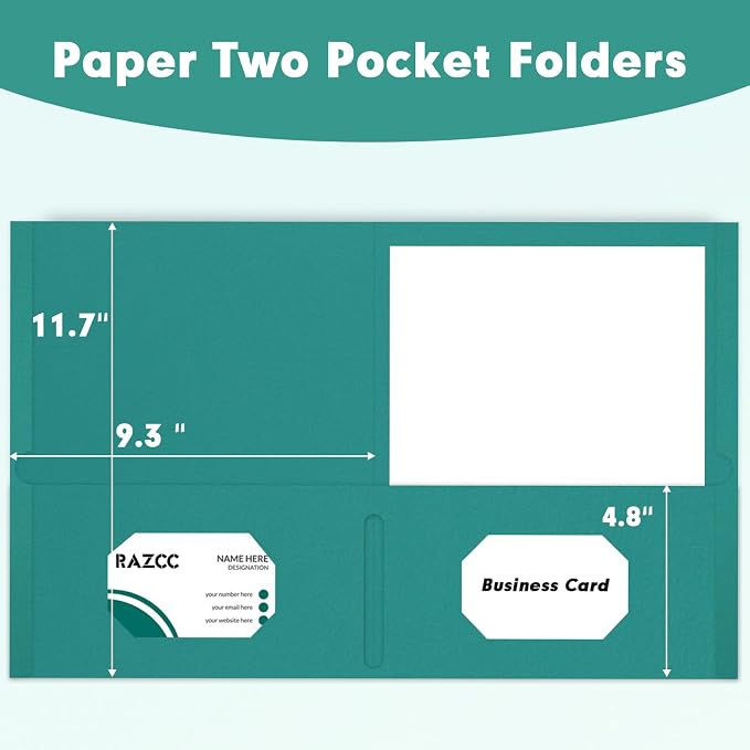 Two Pocket Folders, RAZCC 75 Pack 2 Pocket Folders Fit Letter Size Paper, Paper Folders with Pockets for School Office Business Home (Turquoise)