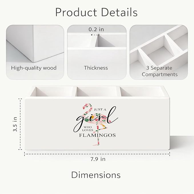 Flamingo Desk Organizer Wooden Pen Pencil Holder for Desk, 3 Compartments Office Accessories, Just a Girl Who Loves Flamingos Cute Bird Decor, Tropical Theme Table Storage for Home Office