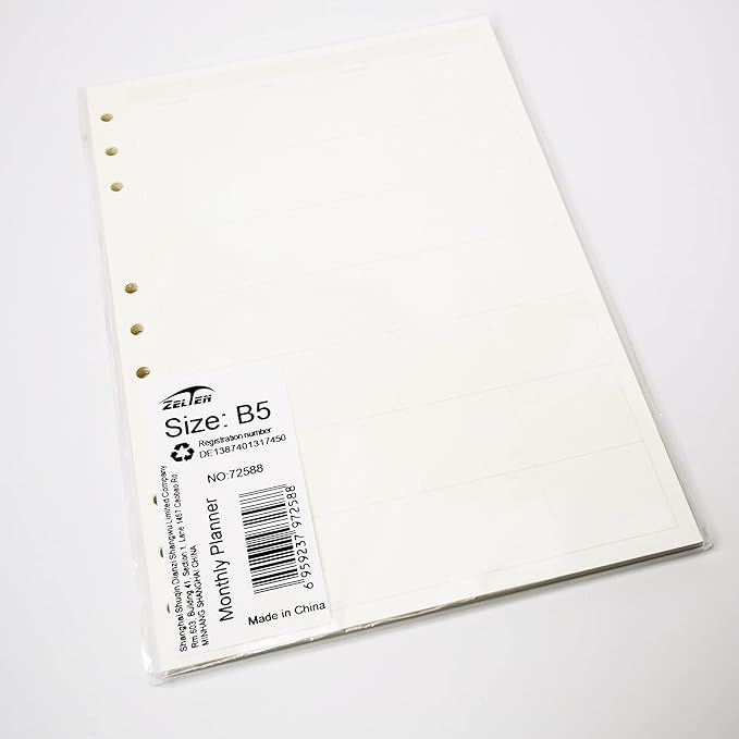 Zelten 1 Pack B5 45 Sheets/90 Pages Monthly Planner Loose Leaf Punched Paper Refills Paper for 9 Hole Binder Personal Organizer Diary Notebook Refillable Planner