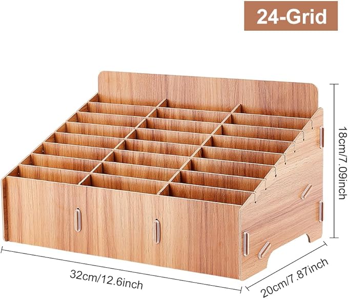 BENECREAT 24-Grid Wooden Cell Phone Storage Box, Mobile Phone Management Storage Box Desktop Organizer for Office and School Supplies, Teak Wood Color