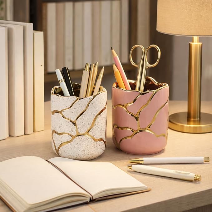 Cylindrical Desk Organizer for Desktop Organization - Ceramic Office Storage Organizer for Workspace Decor - Boho Stoneware Design Small Office Accessories for Home Decor - Set of 2, 5", Ivory & Pink