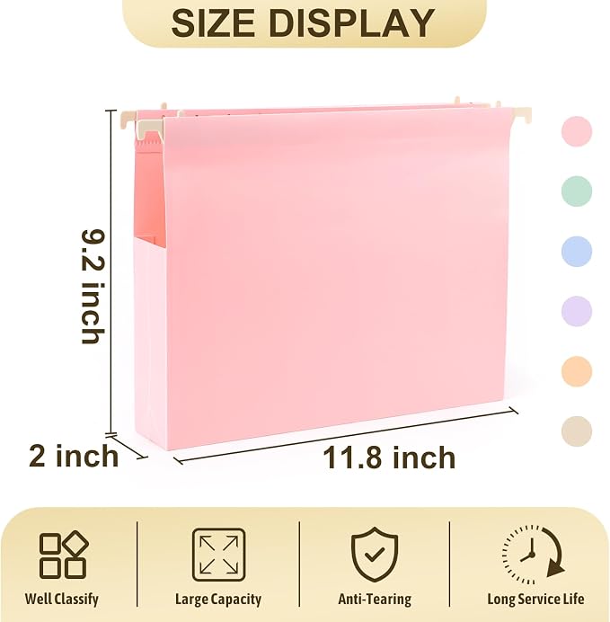 Extra Capacity Plastic Hanging File Folders Letter Size,18 Pack 2 Inch Capacity Hanging File folders with Tabs,Heavy Duty for Filing Cabinet,Home and Office File,Pastel Colors