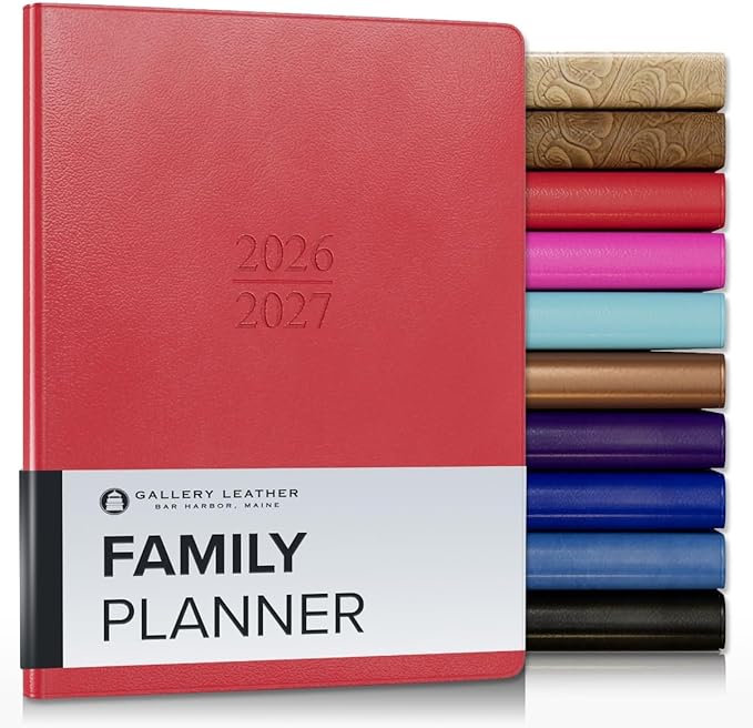 Gallery Leather Family Planner 2027, for moms, Elegantly Bound Calendar Planner and Notebook with Stylish White Page Edges, 18 Months - Caribbean Red - 9x7"