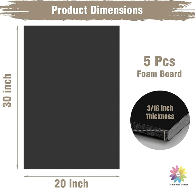 Mat Board Center Pack of 5, 20X30 Foam Boards Acid Free Black Foam Core Boards for Mounting, Crafts, Display, Presentation and Projects, 3/16" Thick
