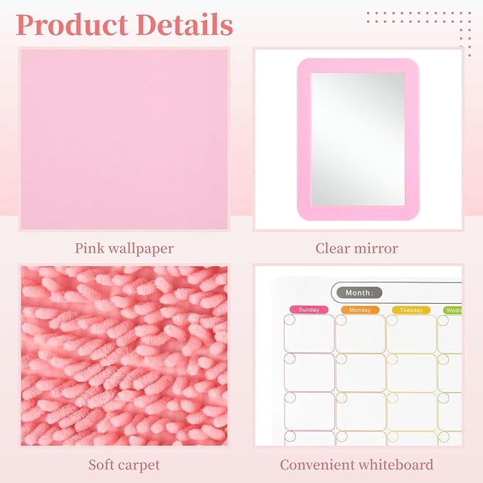 OMISTAR 30 PCS Pink Locker Accessories Set With Shelf, Marble Wallpaper, Rug, Magnetic Mirror, Whiteboard, Dry Erase Marker, Refrigerator Magnet for Decoration