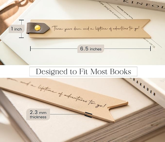 Engraved Leather Bookmark in Cream - 3 Years Down, Genuine Leather 3rd Year Wedding Anniversary Traditional Gift for Him & Her, Husband Wife