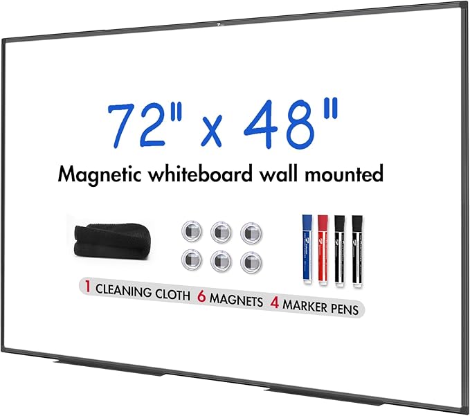TOWON Black Border Magnetic Dry Erase Board, 72 x 48 in White Board Dry Erase, Aluminum Framed Whiteboard for Wall, XL Dry Erase Board Wall Mounted with Markers, Pen Tray, Magnets, Cleaning Wipe